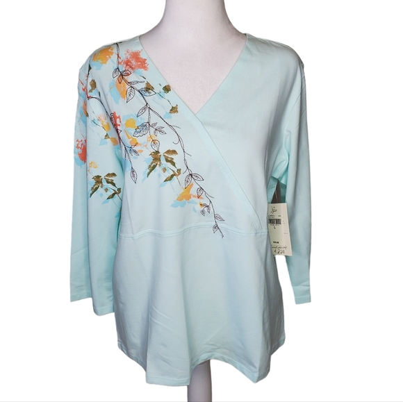 J. Jill Tops - J Jill Trailing Vines Cross Over Top, Light Blue 3/4 Length Sleeves V-neck Sz L